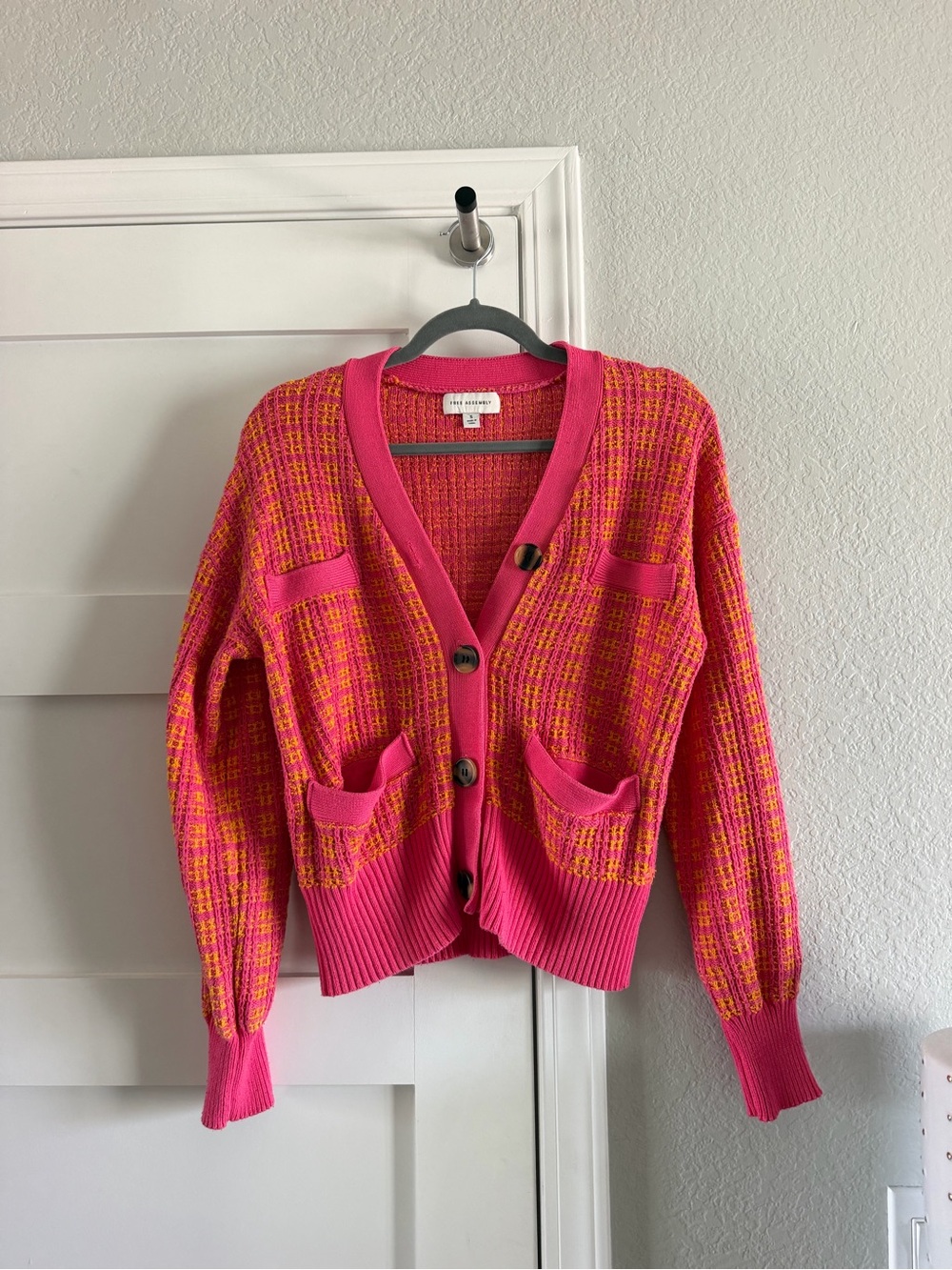 FREE ASSEMBLY Pink Tweed-Style Women's Cardigan Sweater